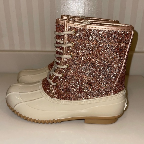 Sugar “Skipper” Rose Gold Glitter Lace Up Rain Snow Duck Boots - Picture 10 of 16